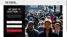 Hero banner for The Portal: crowded street scene with a left panel reading 'WE WANT TO HEAR FROM YOU' and a login form (Email, Password, Remember Details, red LOGIN).